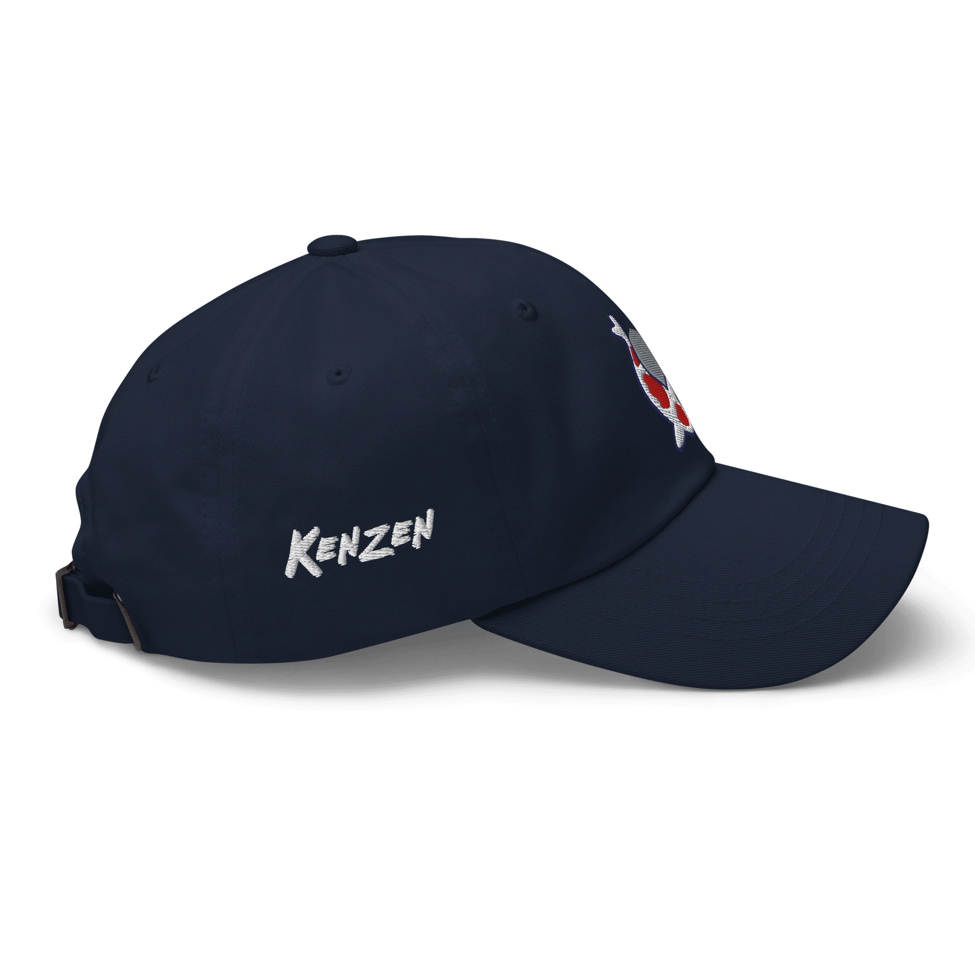 Side angle product image of the Kenzen Logo hat in navy showing the back buckle strap