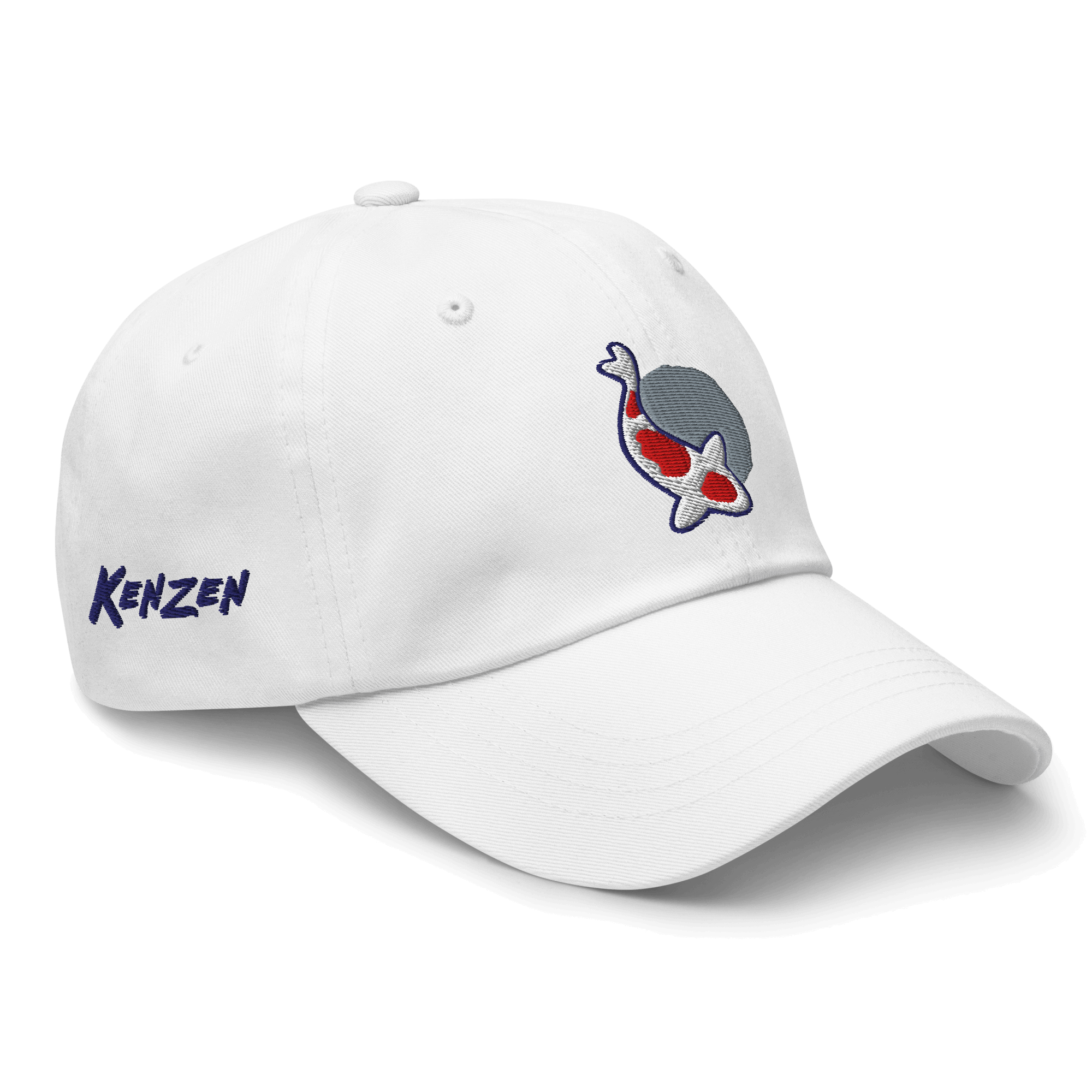 Side angle product image of the Kenzen Logo hat in white with the logo icon embroidered on the front and Kenzen embroidered on the right side