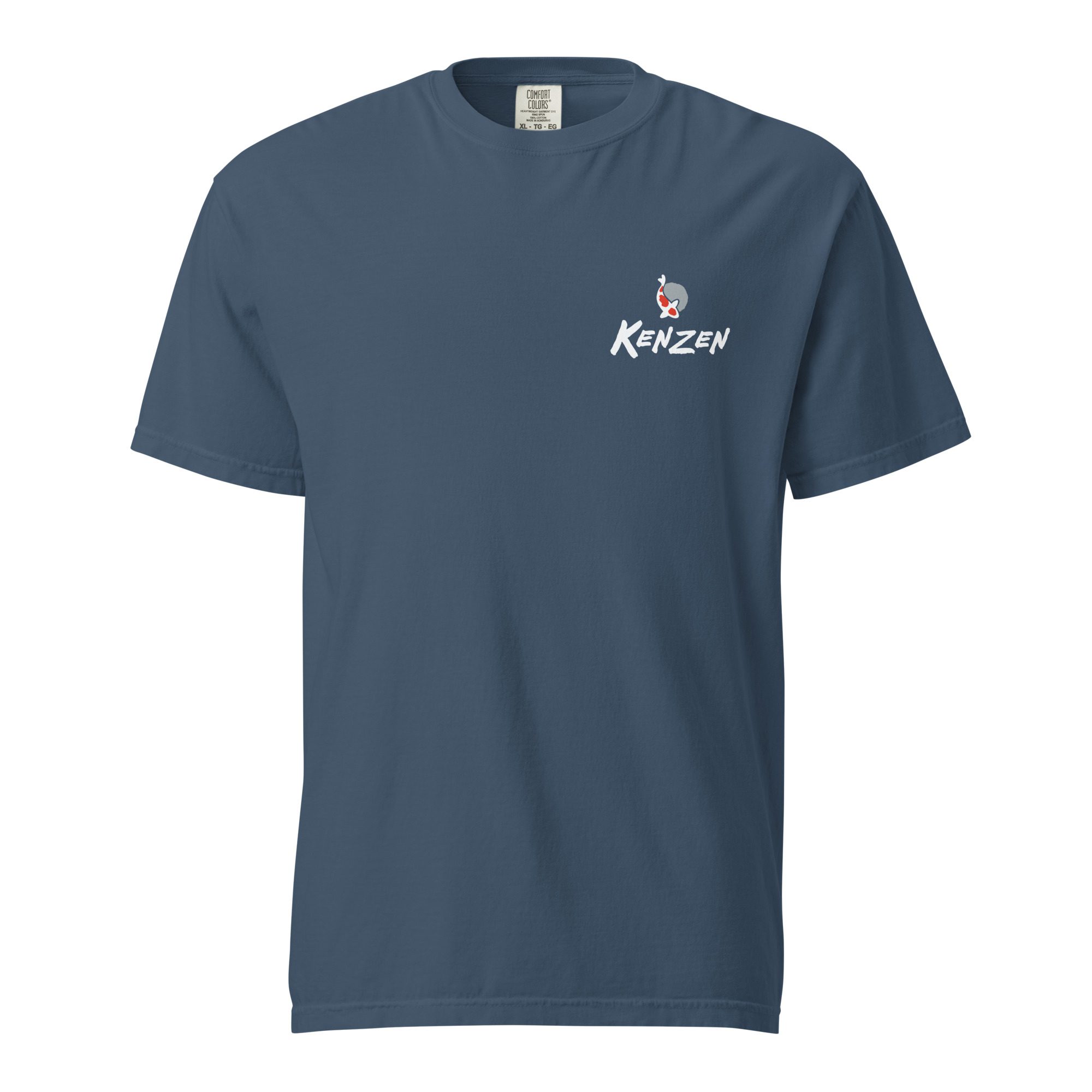 Ghost front view, midnight garment-dyed tee with Kenzen logo