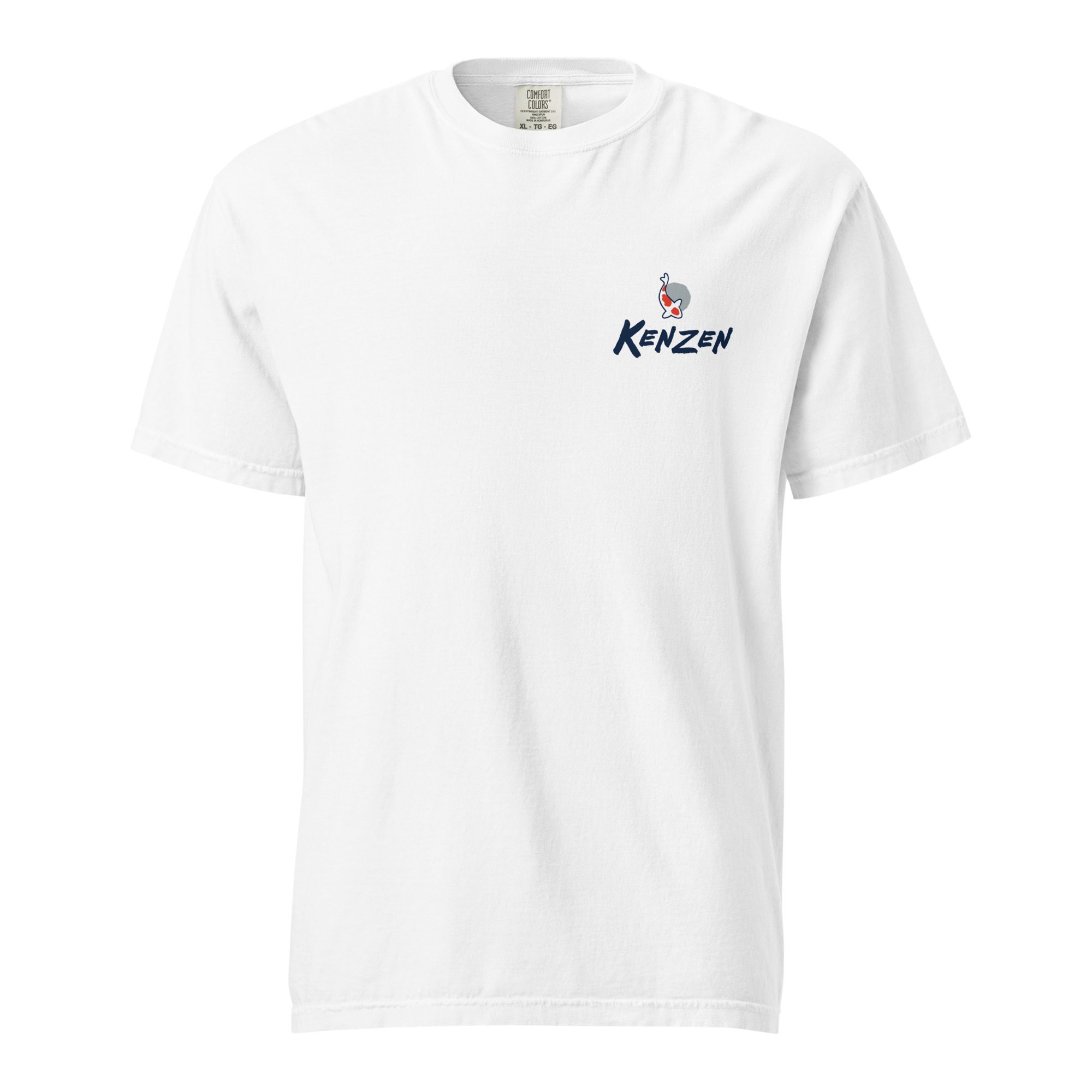 Ghost front view, white garment-dyed tee with Kenzen logo