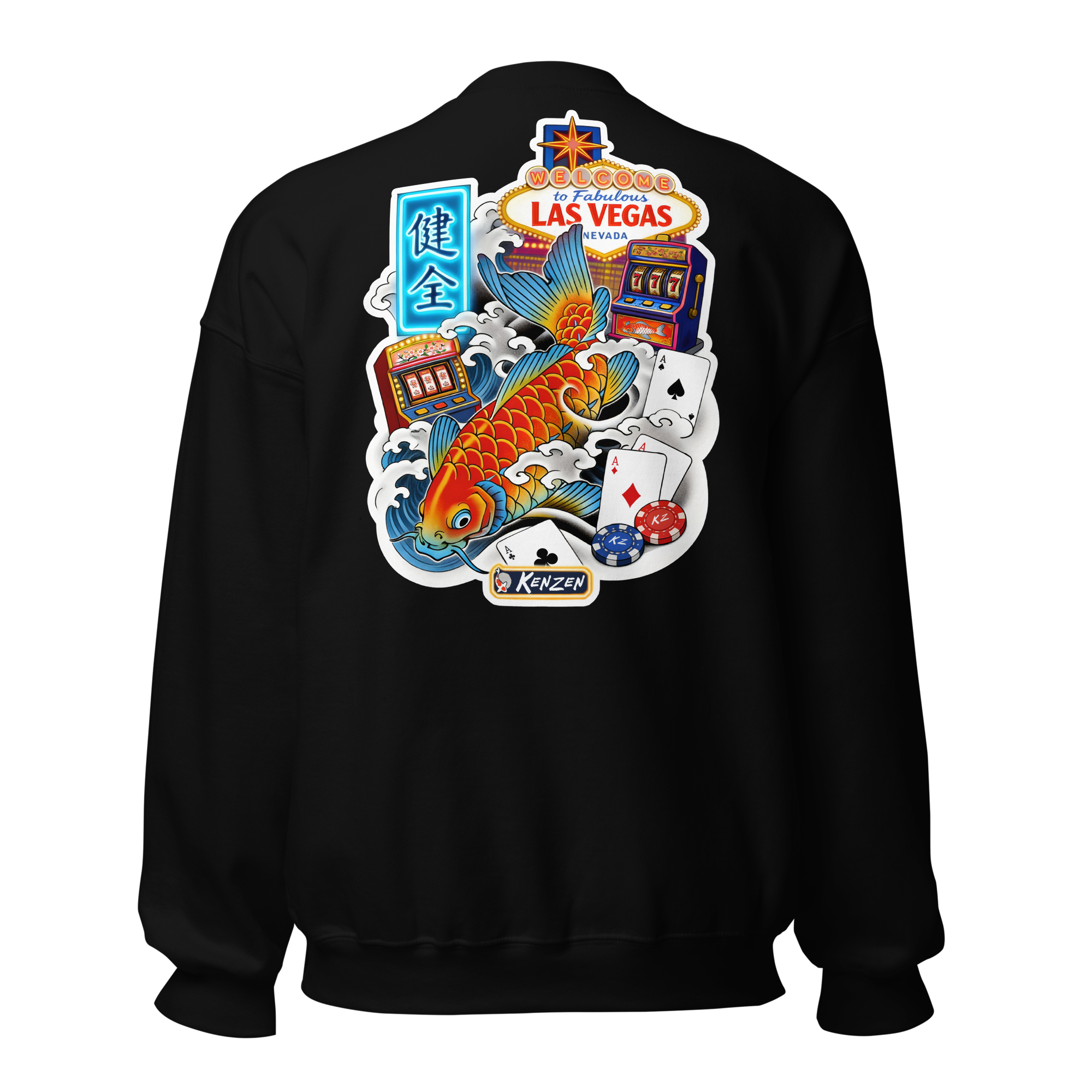 Kenzen Koi Vegas crewneck back graphic detail, black sweatshirt featuring full color koi fish illustration with Las Vegas casino imagery and Kenzen kanji, Keeper's Collector Edition Release 02