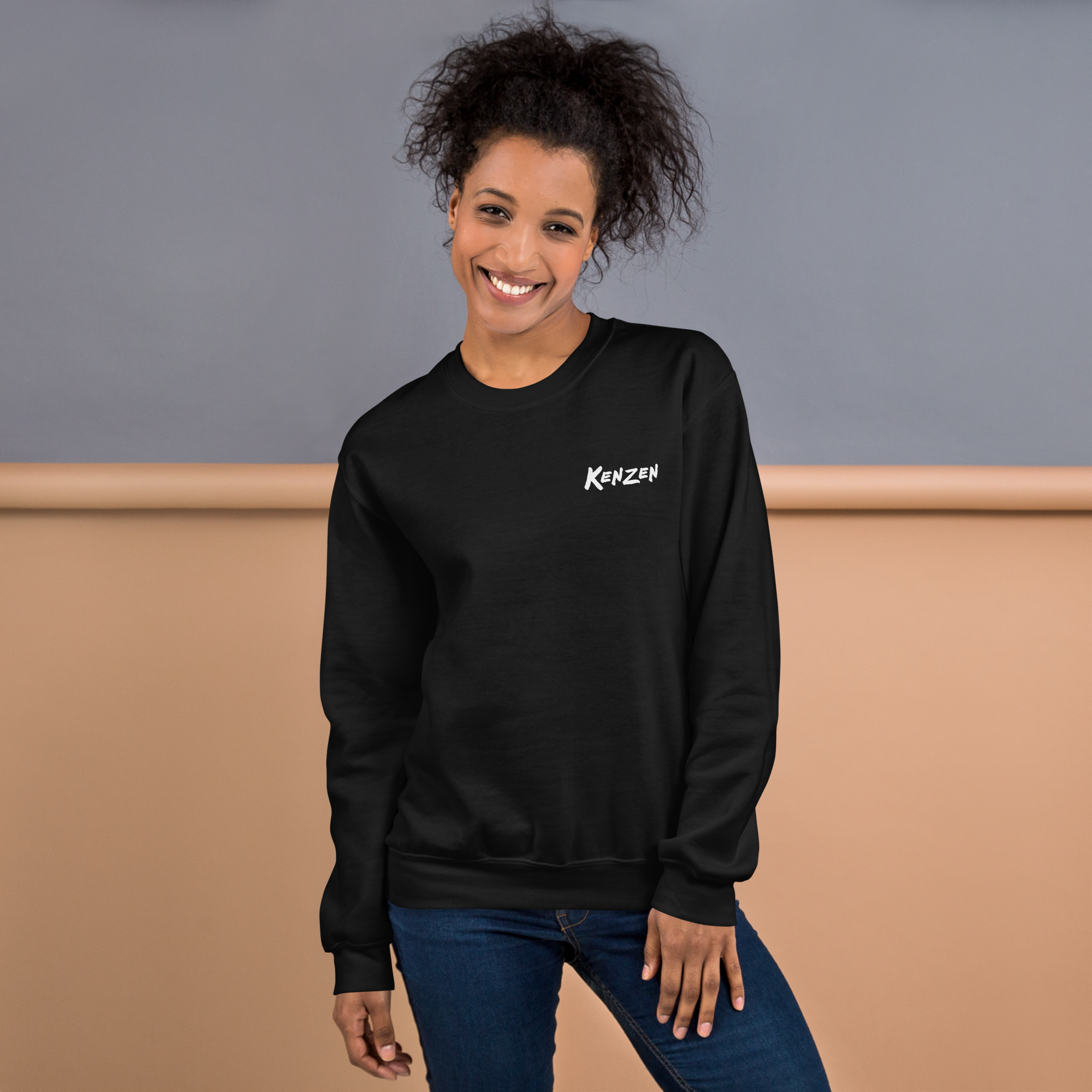 Kenzen Koi Vegas crewneck sweatshirt front view on smiling female model, black classic fit crewneck with white Kenzen logo on left chest