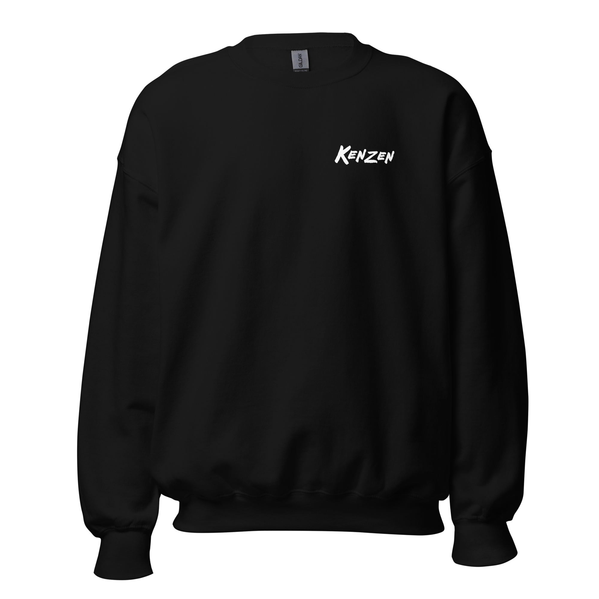 Kenzen Koi Vegas crewneck sweatshirt front flat lay, black 50/50 cotton polyester classic fit crewneck with white Kenzen logo embroidered on chest