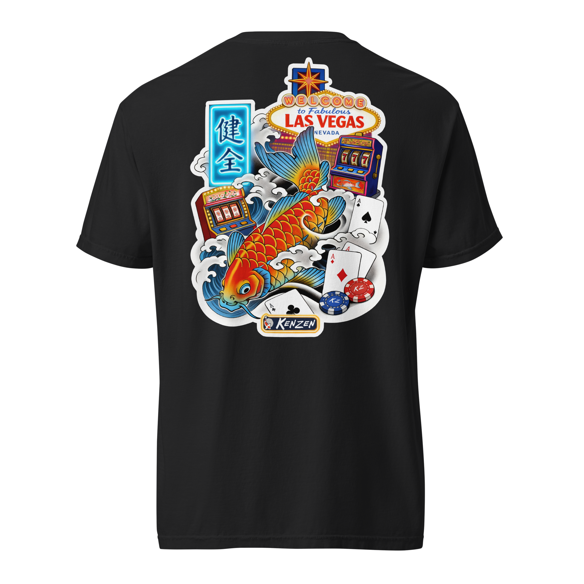 Kenzen Koi Vegas shirt back graphic on black tee, full illustration of a leaping koi fish surrounded by Las Vegas casino imagery and Japanese kanji, Keeper's Collector Edition Release 02
