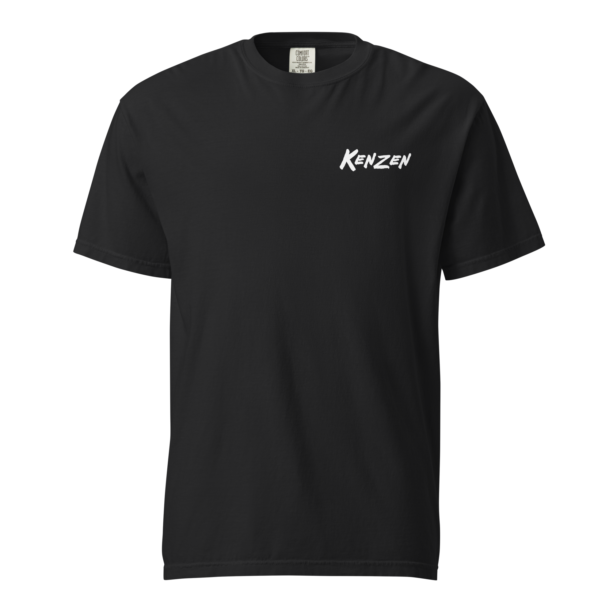 Kenzen Koi Vegas shirt front, black garment-dyed heavyweight tee with white Kenzen logo on chest, Keeper's Collector Edition