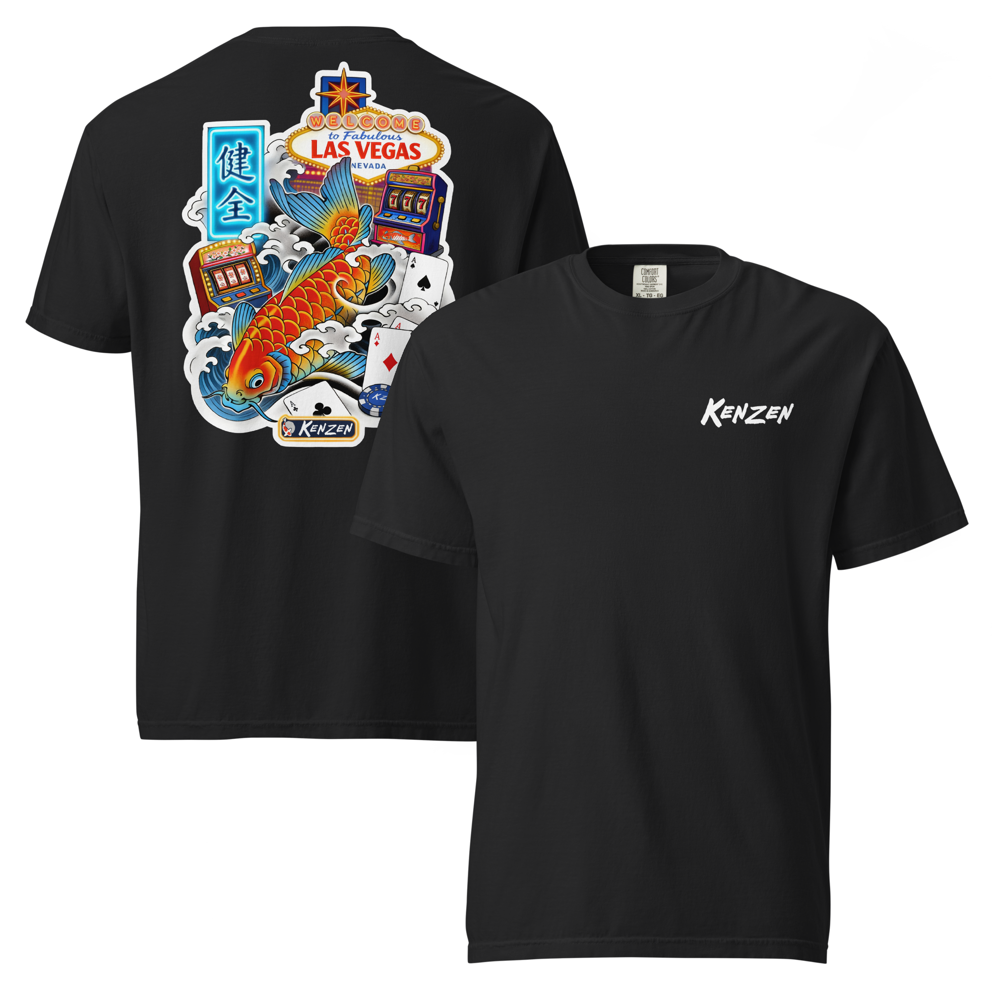 Kenzen Koi Vegas shirt front and back view, black heavyweight tee showing Kenzen chest logo and full koi Las Vegas graphic on back, Keeper's Collector Edition Release 02